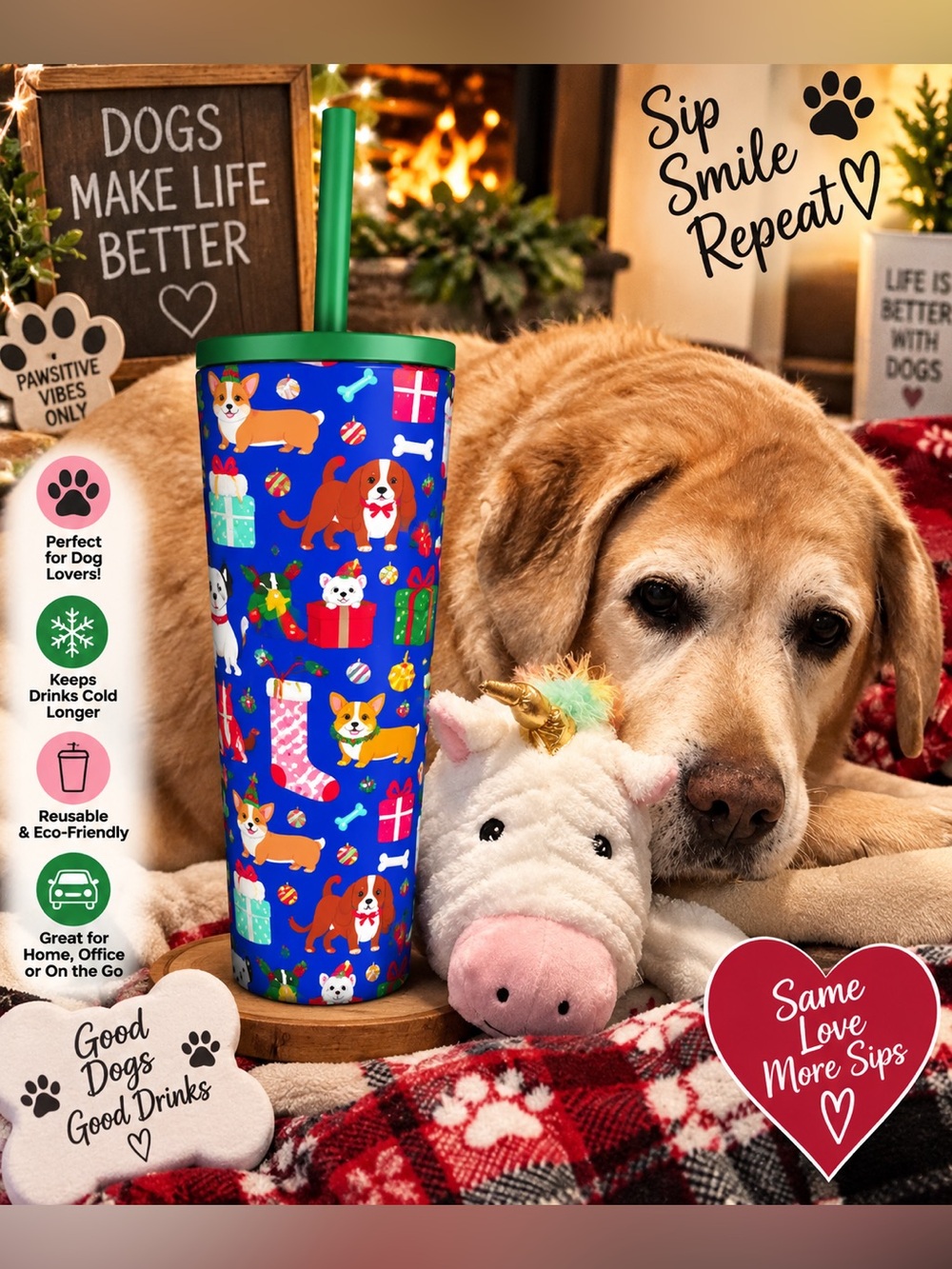 Blue Holiday Dog Pattern Insulated Travel Tumbler with Green Lid